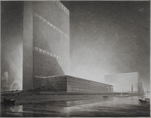 Hugh Ferriss. United Nations, New York, NY - Bird's-eye perspective looking south. 1947 (1000.001.00255) 